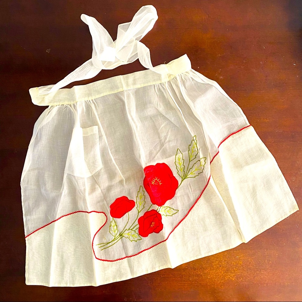 Vintage apron, sheer, cream / red floral, handmade, circa 1960’s